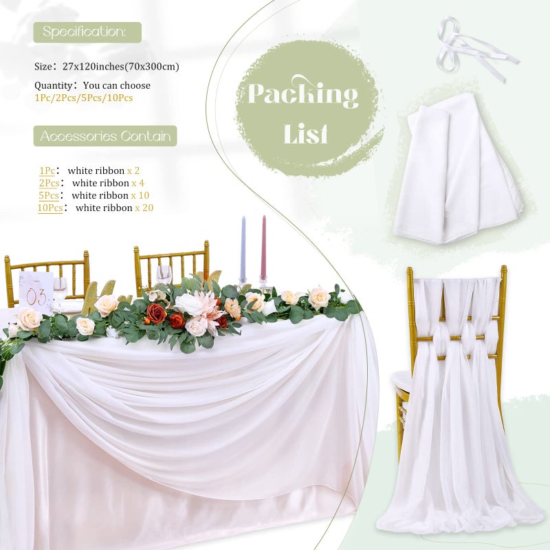 QueenDream 10Ft 1 Piece White Chiffon Table Runner 27x120 Inches Sheer Chiffon Fabric Bridal Party Romantic Wedding Reception Christmas Decorations - Image 5
